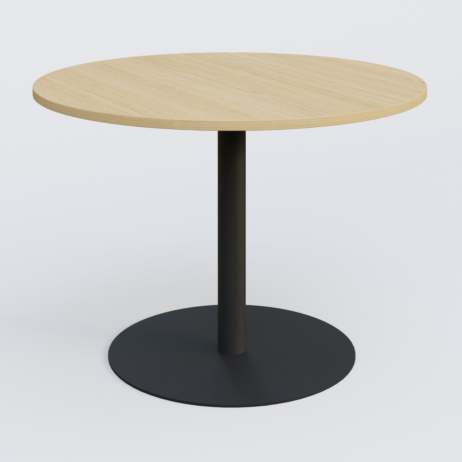 Table ronde diametre 120 cm avec pieds colonne centrale. Plateau Chêne clair et pietement Noir Mat