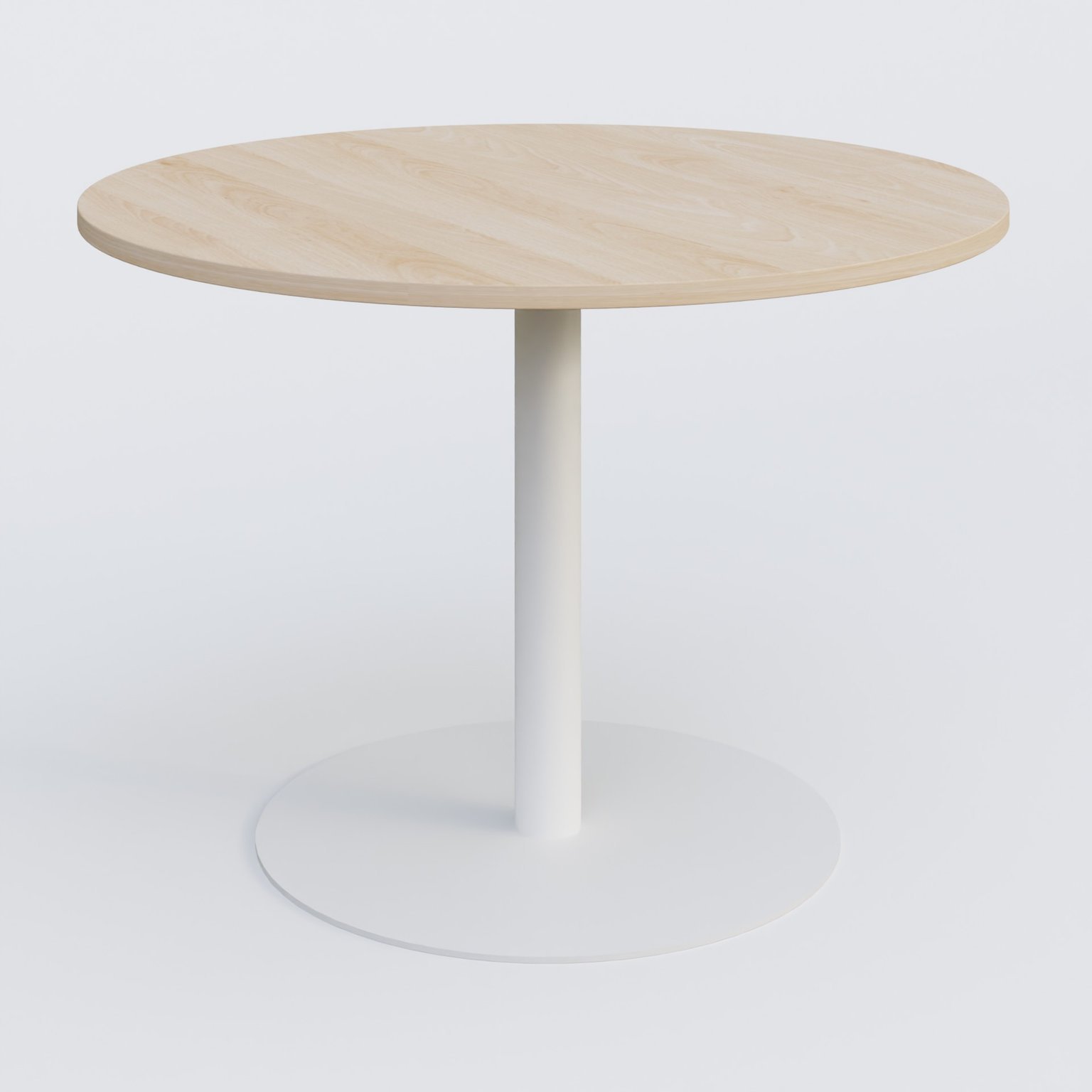 Table ronde diametre 110 cm avec pieds colonne centrale. Plateau Hêtre et pietement Blanc