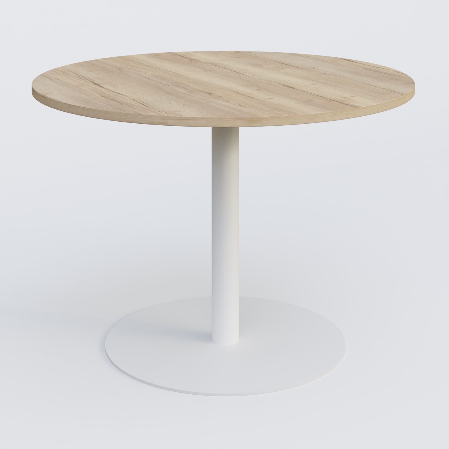 Table ronde diametre 110 cm avec pieds colonne centrale. Plateau Chêne naturel et pietement Blanc