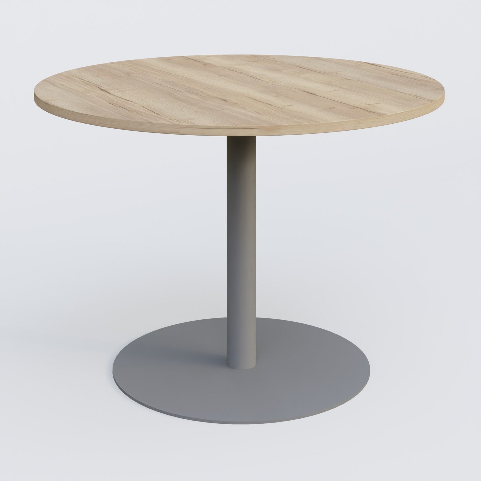 Table ronde diametre 110 cm avec pieds colonne centrale. Plateau Chêne naturel et pietement Aluminium