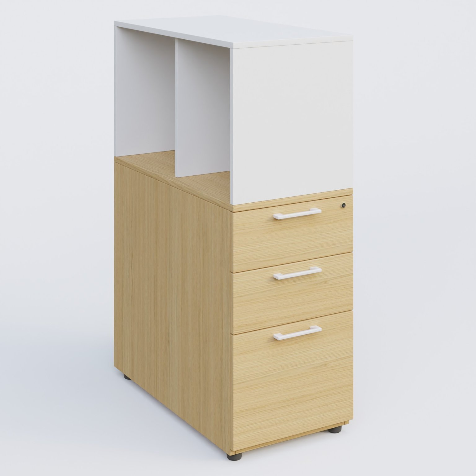 Caisson HB 3 tiroirs avec niche. Caisson Chêne clair et niche blanche.
