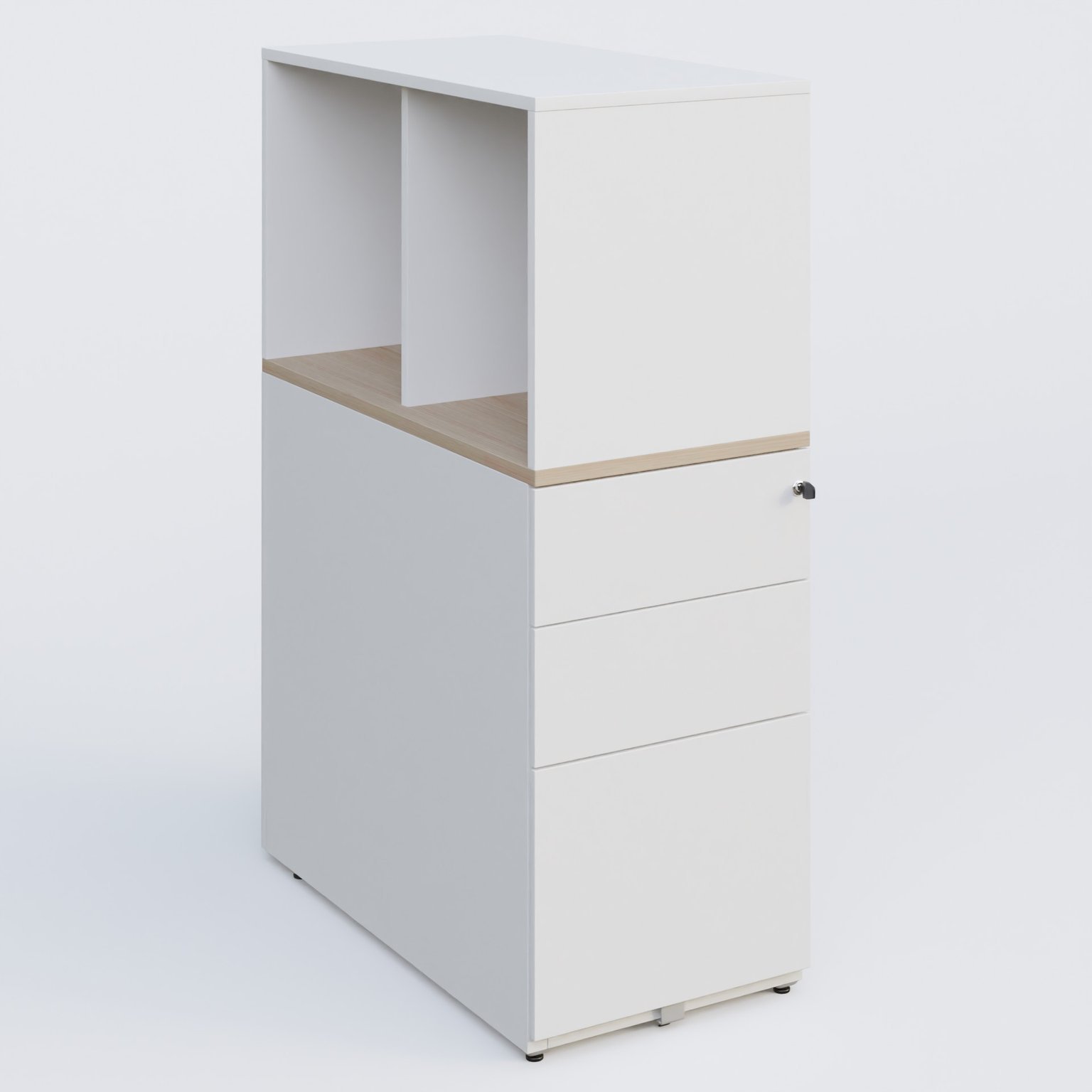 Caisson HB 3 tiroirs avec niche. Caisson Blanc top de finition Acacia et niche blanche.