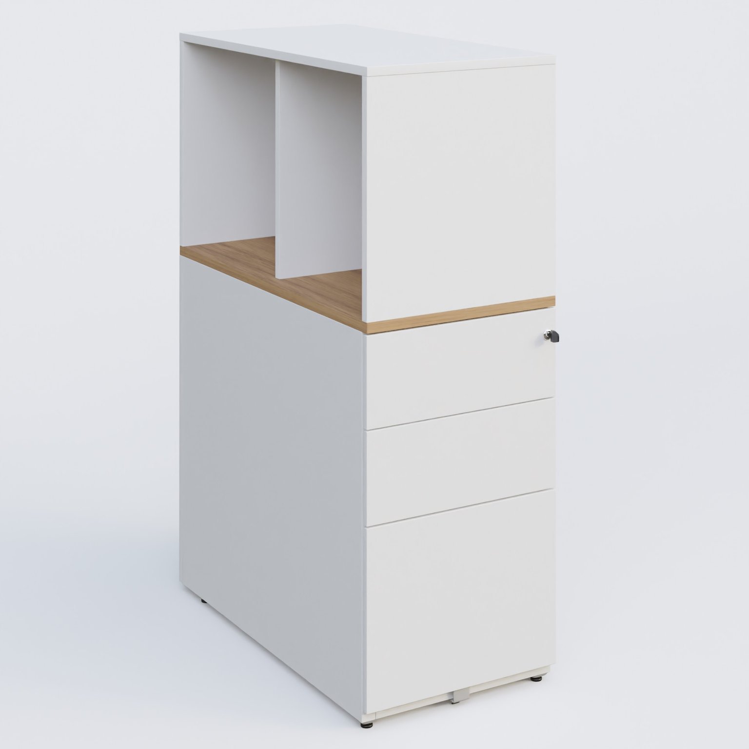 Caisson HB 3 tiroirs avec niche. Caisson Blanc top de finition Noyer et niche blanche.
