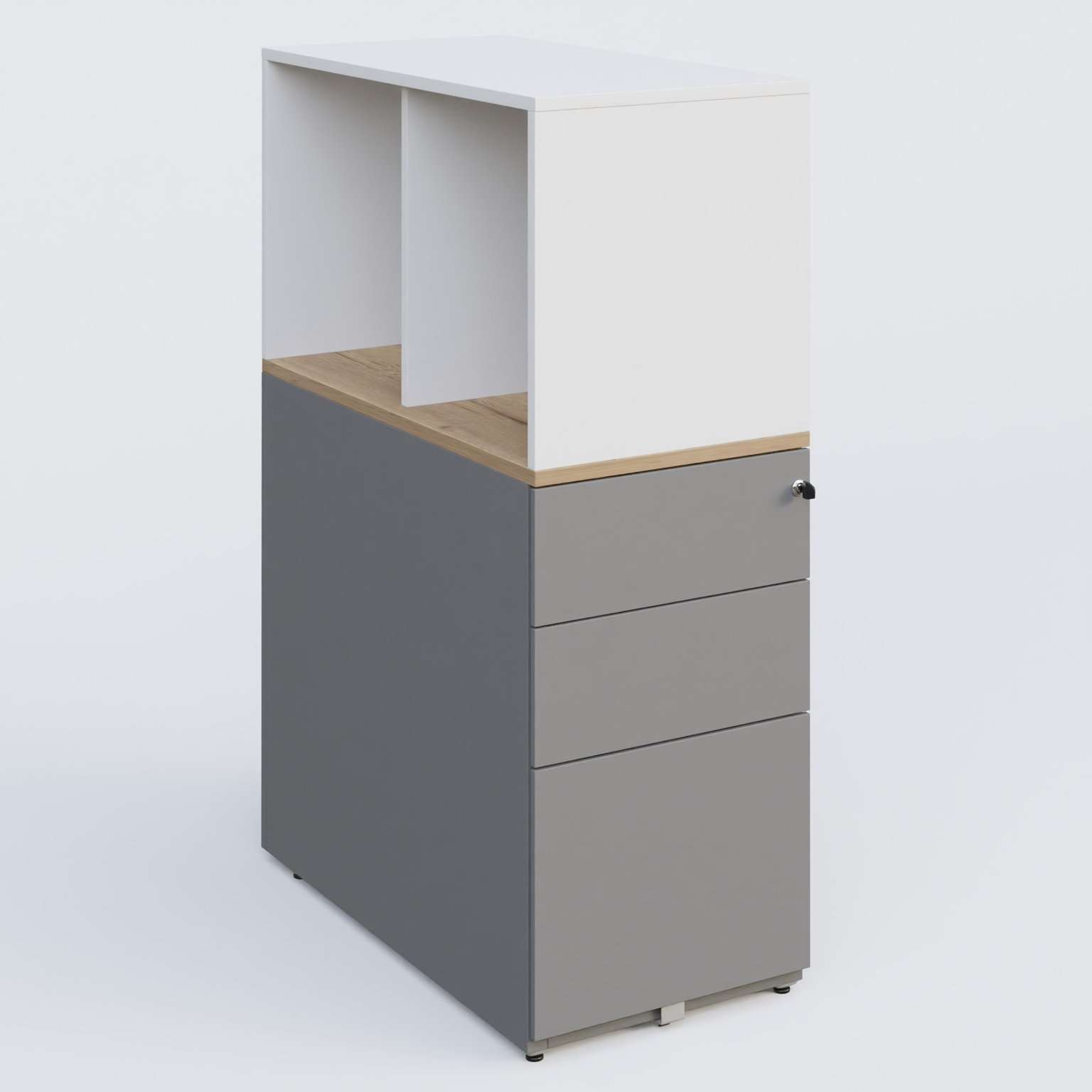 Caisson HB 3 tiroirs avec niche. Caisson Aluminium top de finition Chêne naturel et niche blanche.