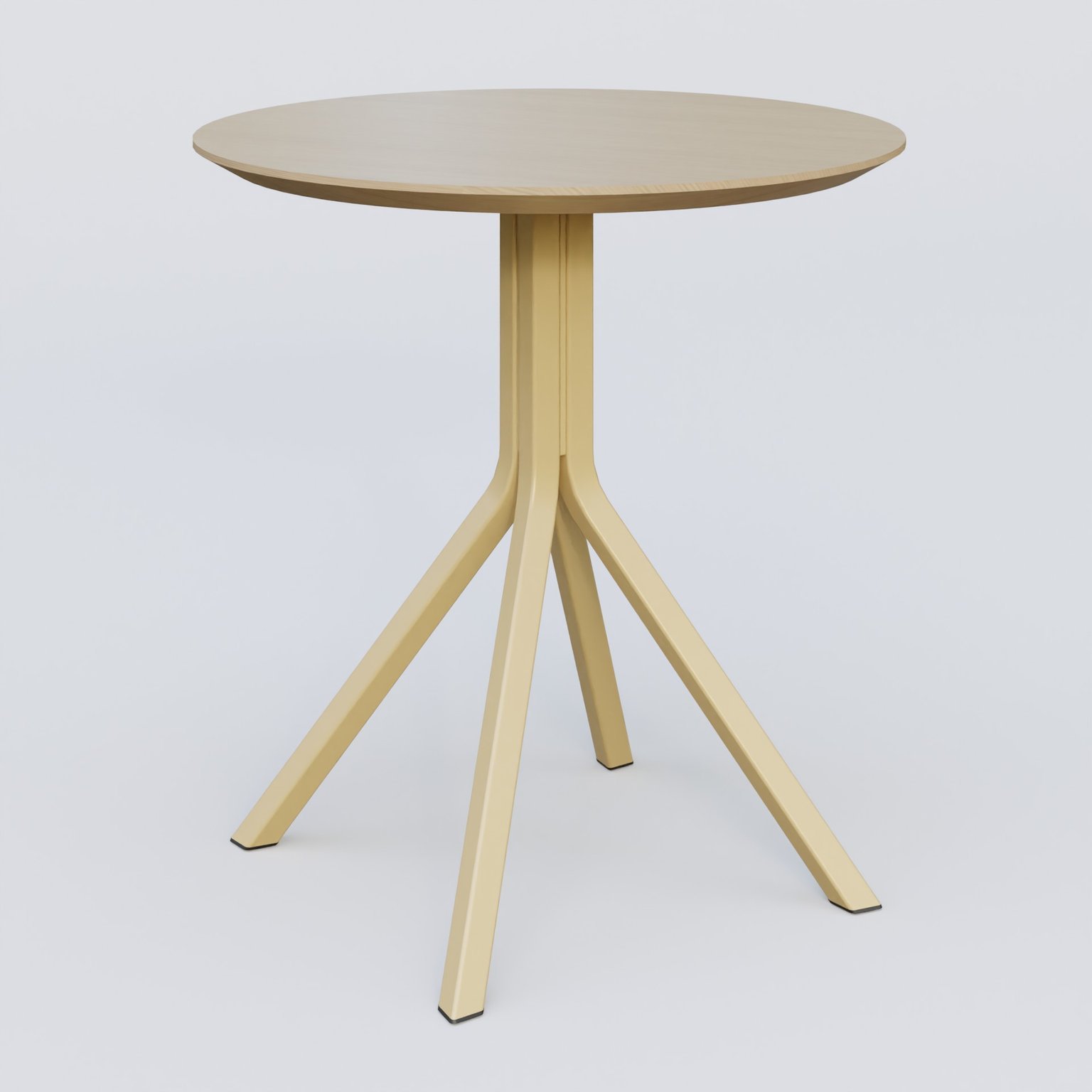 Table Basse Fashion Styl piètement 4 branches en métal et plateau bois. Plateau Chêne et pietement Jaune Cuivre (RAL 1002).