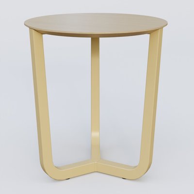 [Pas de famille] - [Pas de sous famille] - Table Basse Fashion Styl piètement tryptique en métal et plateau bois. Plateau Chêne et pietement Jaune Cuivre (RAL 1002).