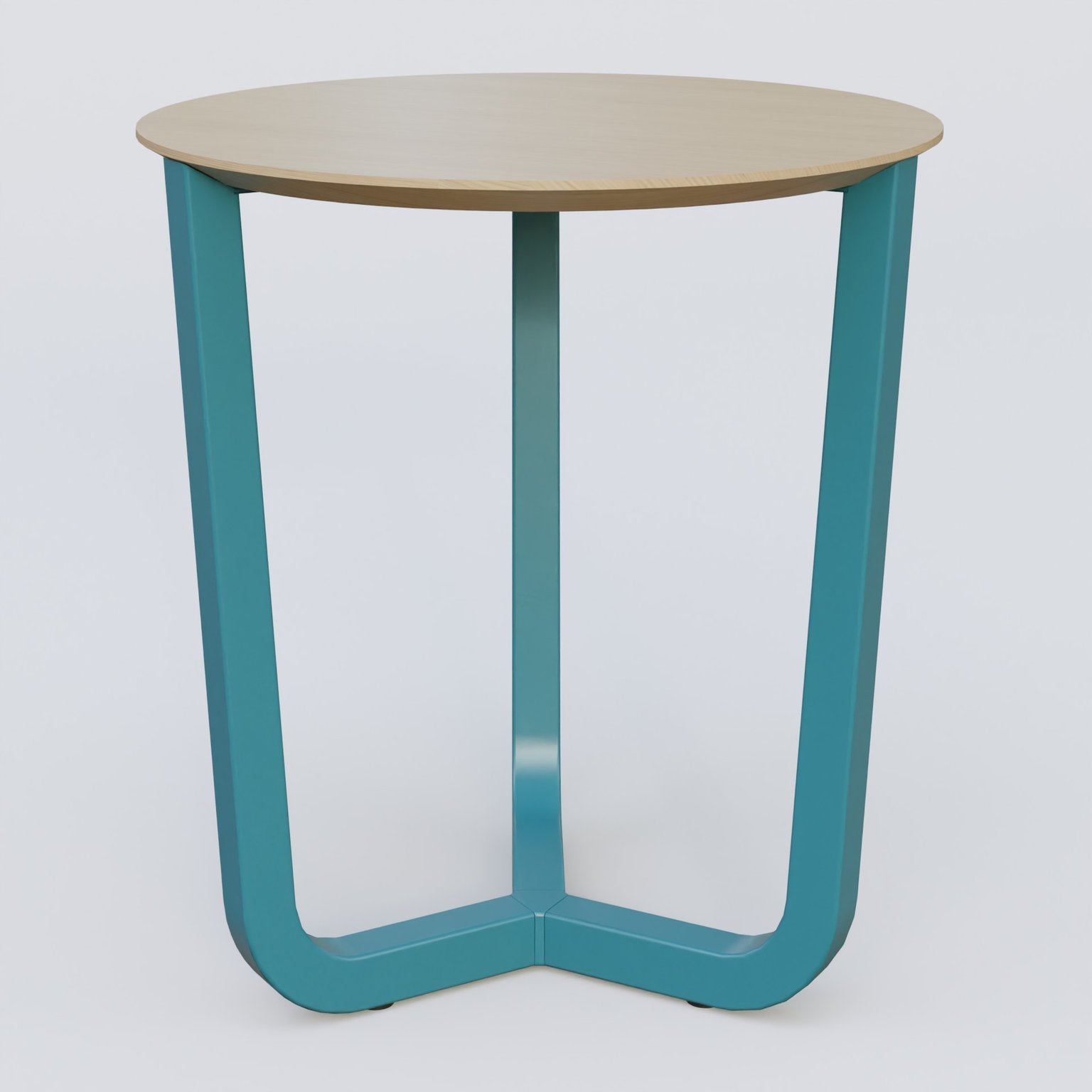 Table Basse Fashion Styl piètement tryptique en métal et plateau bois. Plateau Chêne et pietement Bleu Petrole (RAL 5025).