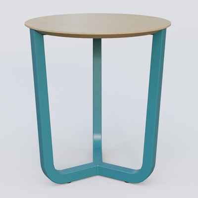 [Pas de famille] - [Pas de sous famille] - Table Basse Fashion Styl piètement tryptique en métal et plateau bois. Plateau Chêne et pietement Bleu Petrole (RAL 5025).