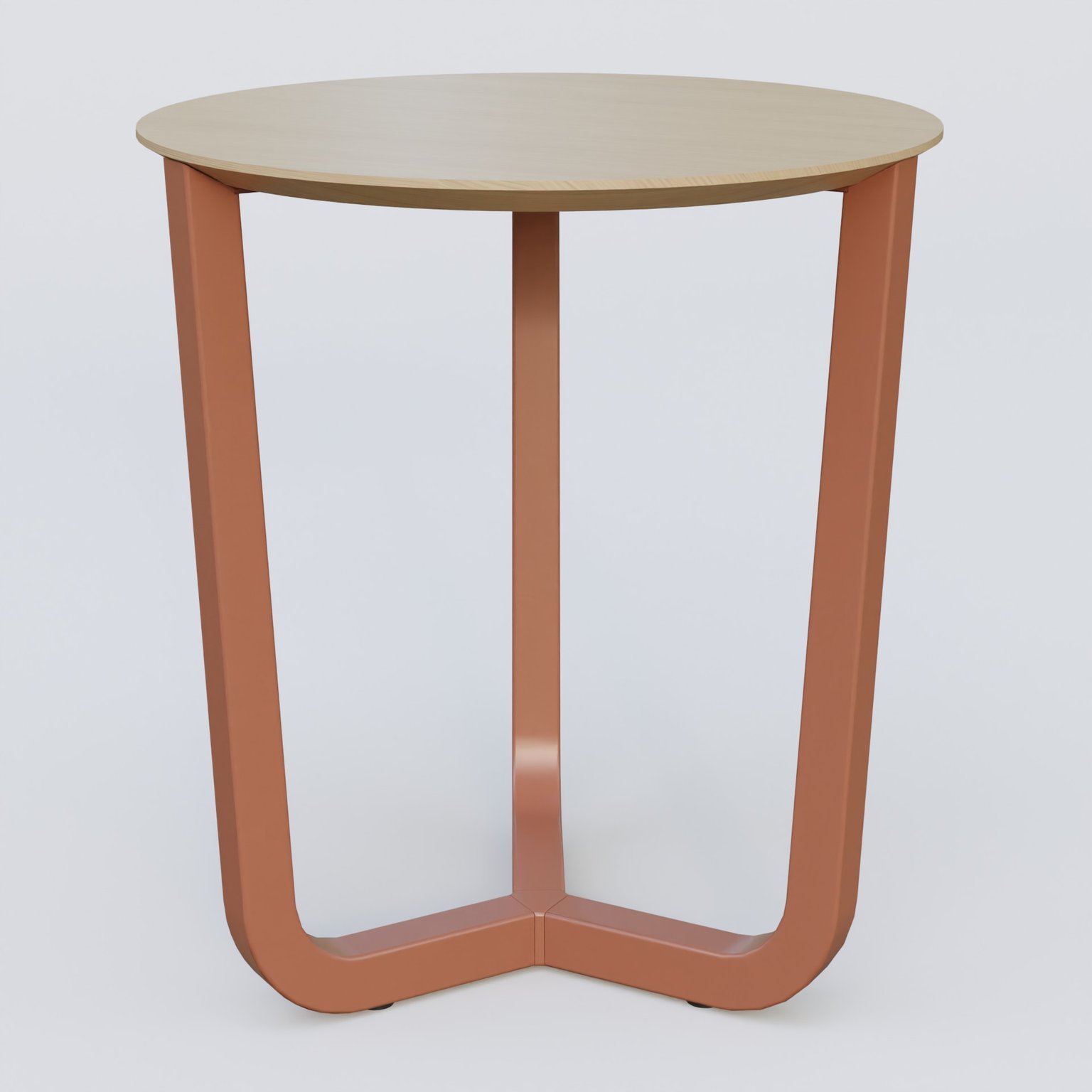 Table Basse Fashion Styl piètement tryptique en métal et plateau bois. Plateau Chêne et pietement Brun cuivré (RAL 8004).