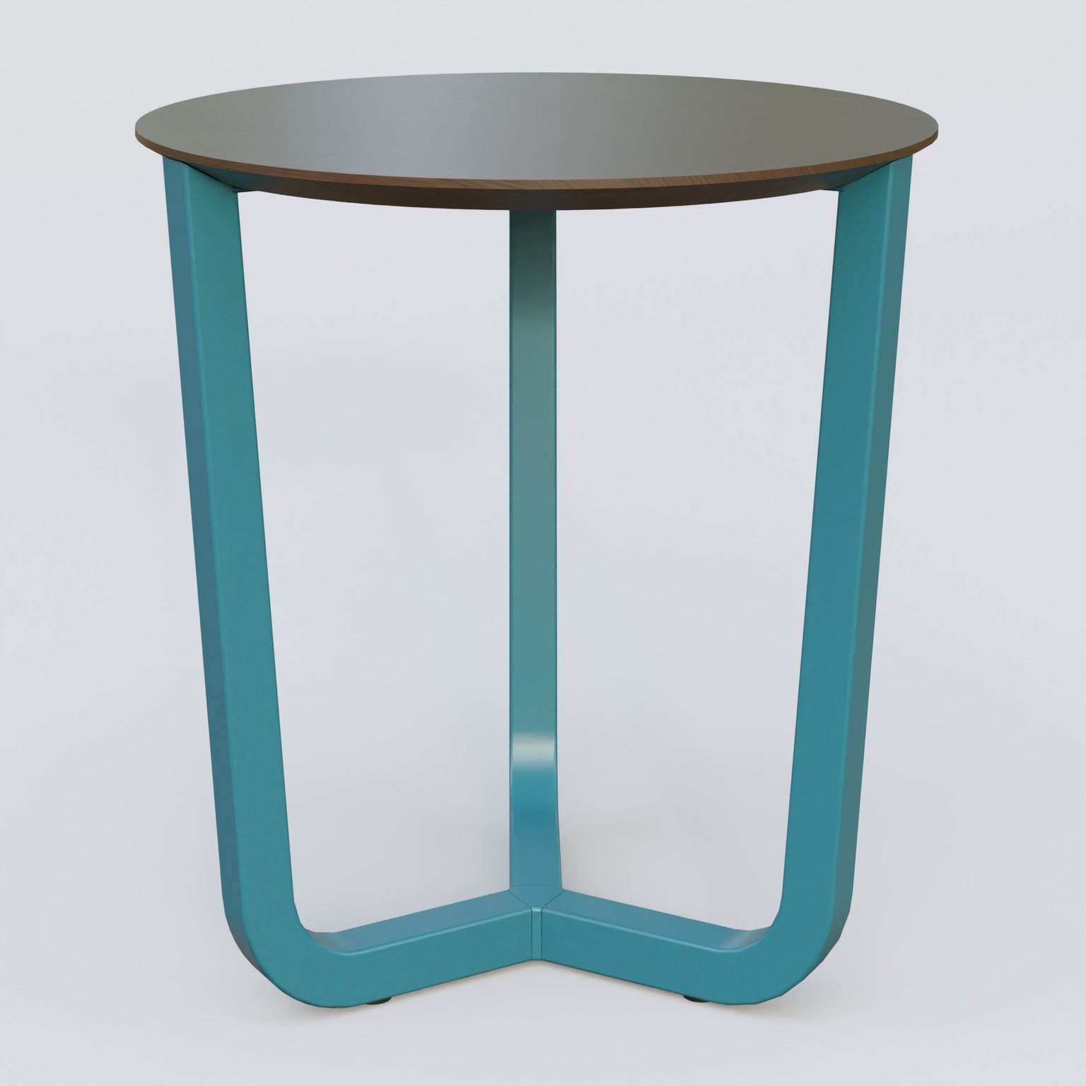 Table Basse Fashion Styl piètement tryptique en métal et plateau bois. Plateau Chêne Moka et pietement Bleu Petrole (RAL 5025).