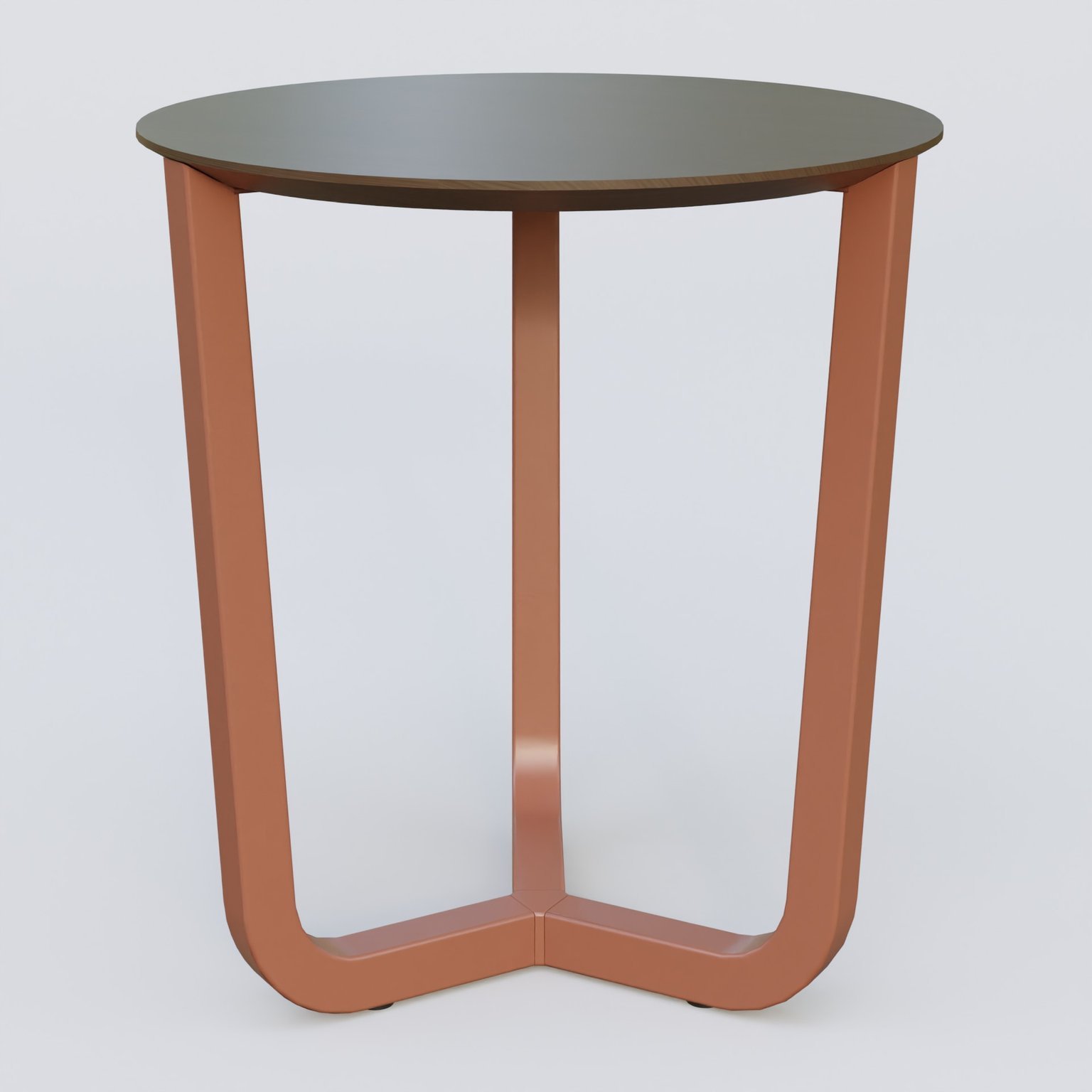 Table Basse Fashion Styl piètement tryptique en métal et plateau bois. Plateau Chêne Moka et pietement Brun cuivré (RAL 8004).