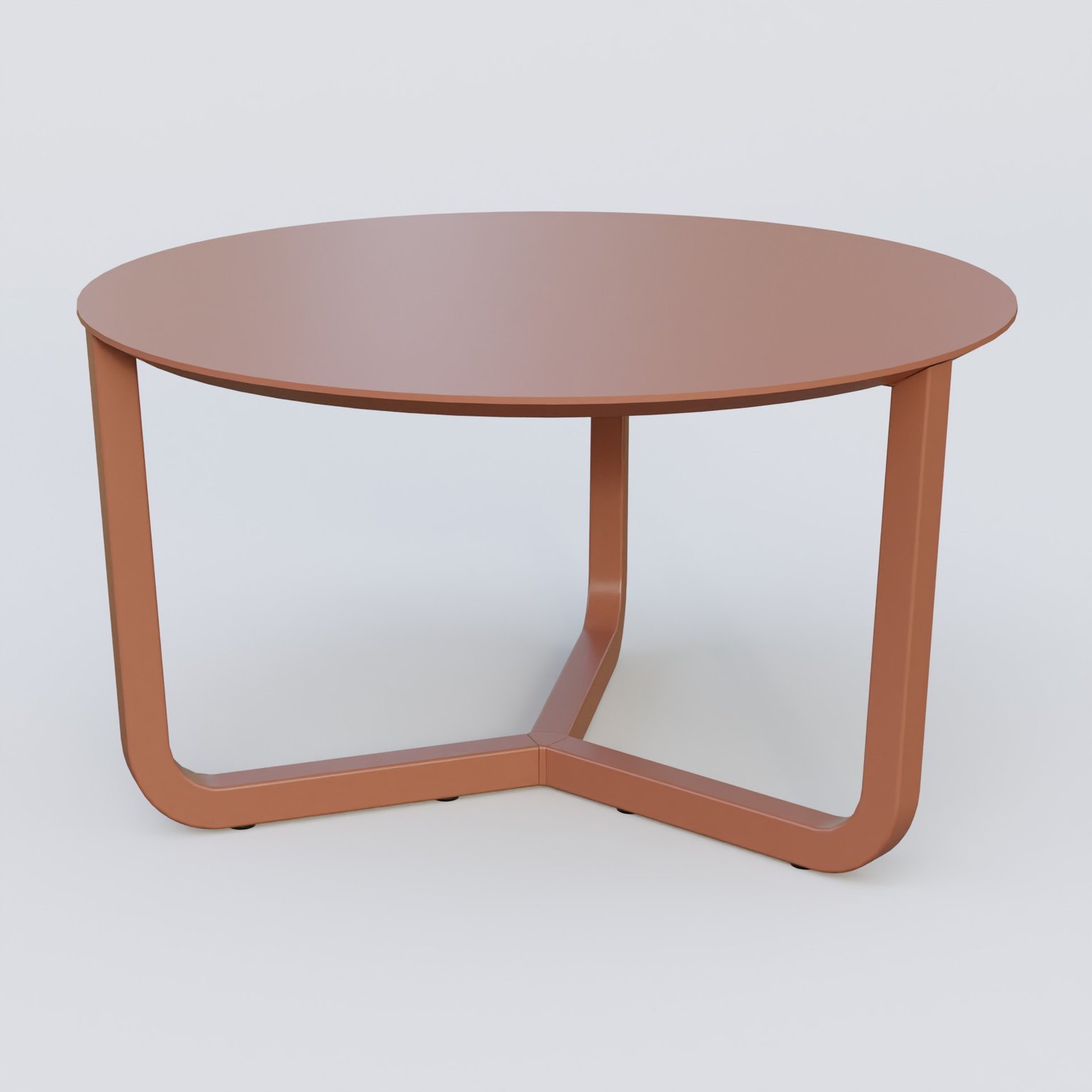 Table Basse Fashion Styl piètement tryptique en métal et plateau bois. Plateau Brun cuivré (RAL 8004) et pietement Brun cuivré (RAL 8004).