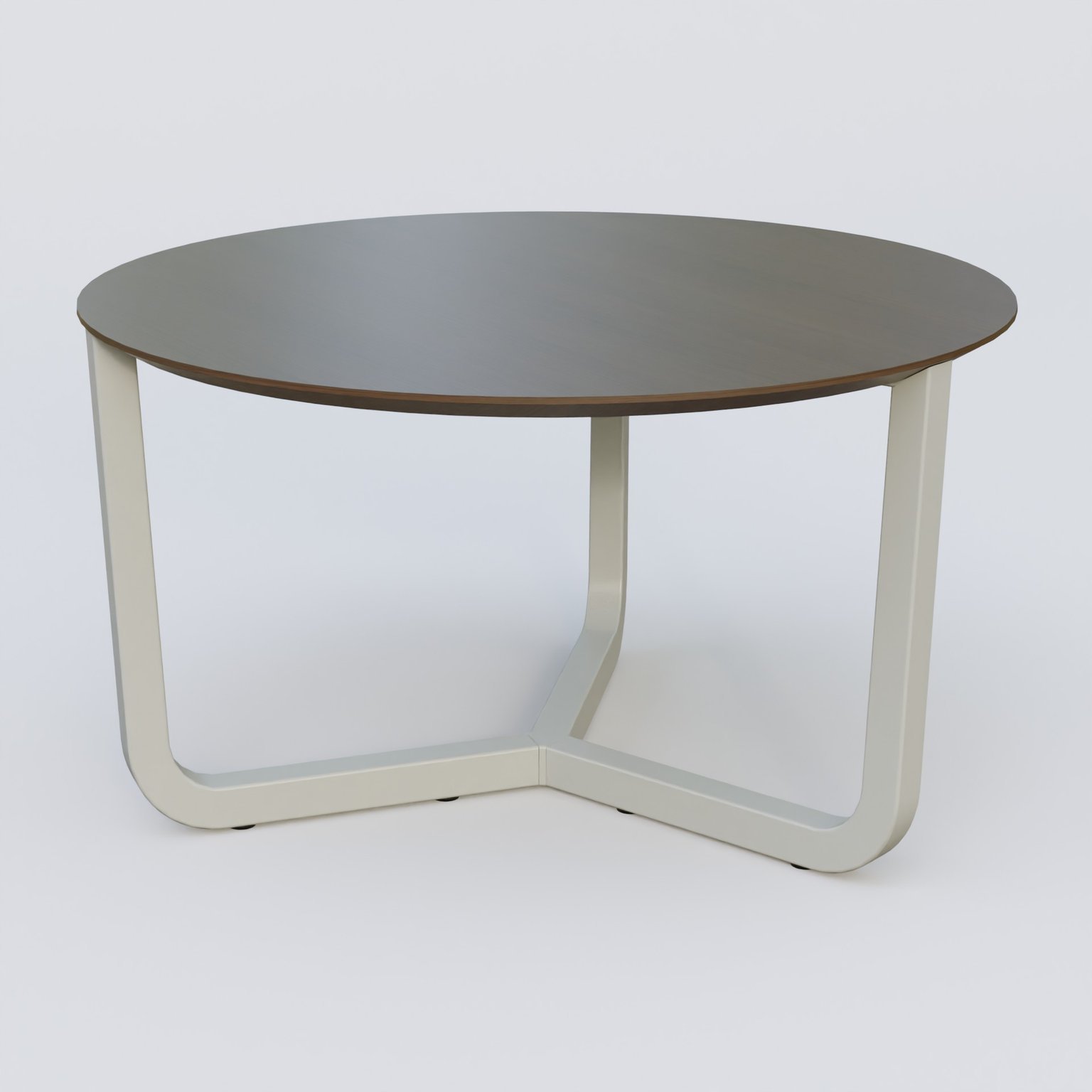 Table Basse Fashion Styl piètement tryptique en métal et plateau bois. Plateau Chêne Moka et pietement Gris (RAL 7038).