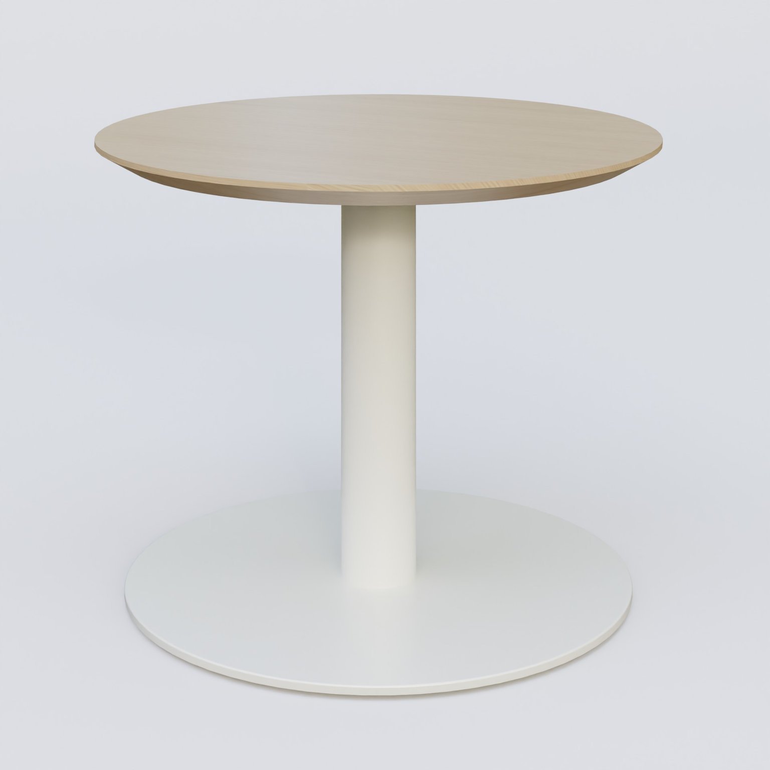 Table Basse Fashion Styl piètement colonne en métal et plateau bois. Plateau Chêne et pietement Blanc (RAL 9010).