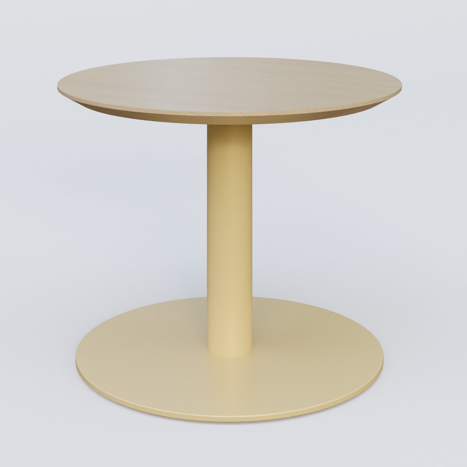 Table Basse Fashion Styl piètement colonne en métal et plateau bois. Plateau Chêne et pietement Jaune Cuivre (RAL 1002).