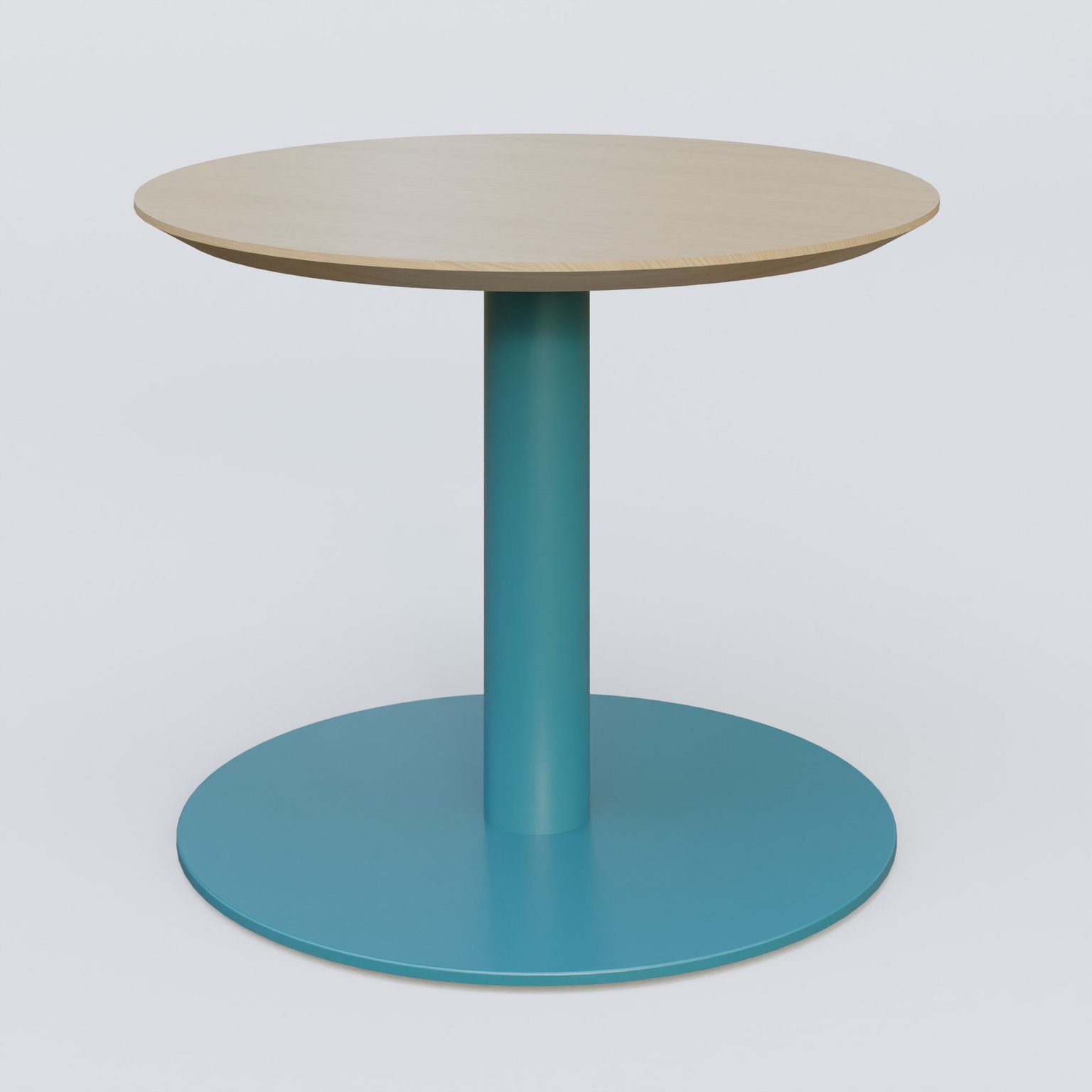 Table Basse Fashion Styl piètement colonne en métal et plateau bois. Plateau Chêne et pietement Bleu Petrole (RAL 5025).