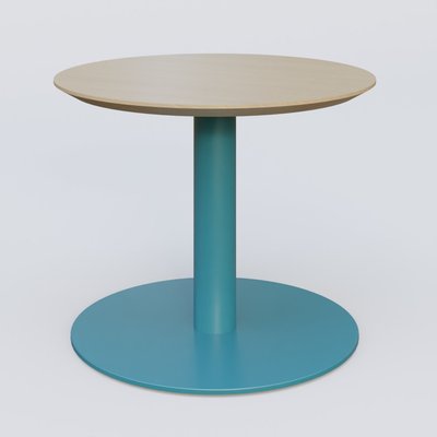 [Pas de famille] - [Pas de sous famille] - Table Basse Fashion Styl piètement colonne en métal et plateau bois. Plateau Chêne et pietement Bleu Petrole (RAL 5025).