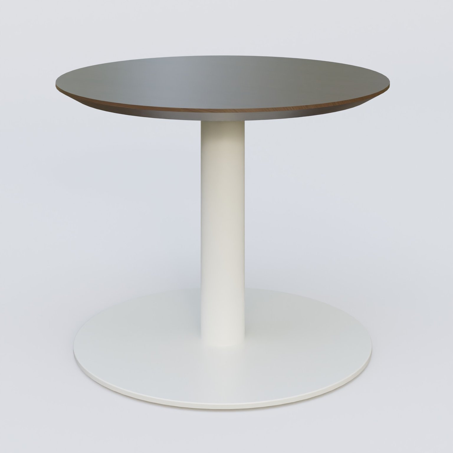 Table Basse Fashion Styl piètement colonne en métal et plateau bois. Plateau Chêne Moka et pietement Blanc (RAL 9010).