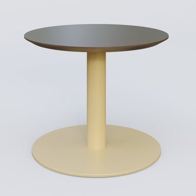 [Pas de famille] - [Pas de sous famille] - Table Basse Fashion Styl piètement colonne en métal et plateau bois. Plateau Chêne Moka et pietement Jaune Cuivre (RAL 1002).