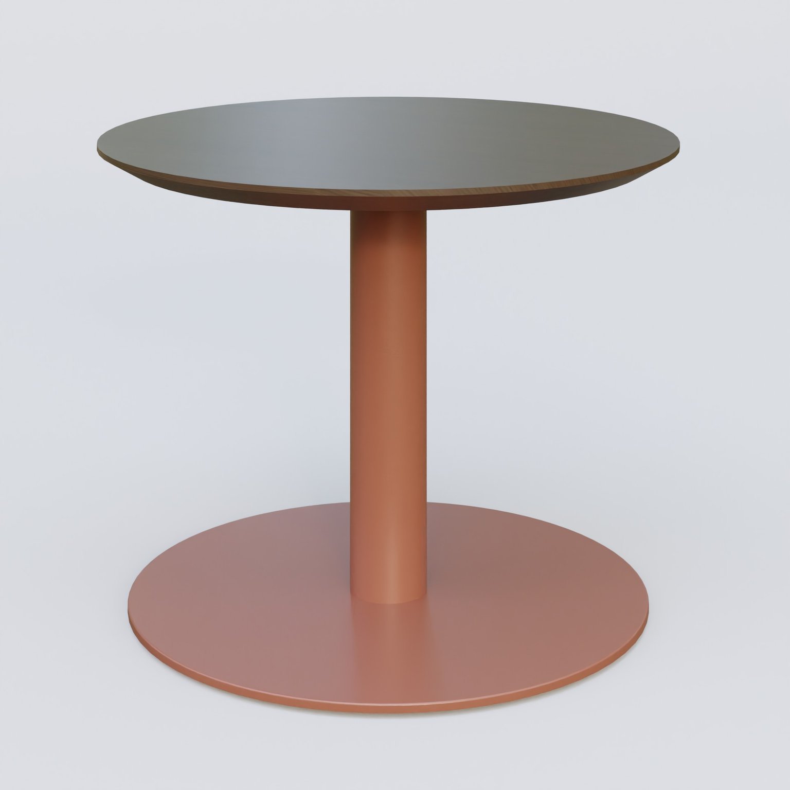 Table Basse Fashion Styl piètement colonne en métal et plateau bois. Plateau Chêne Moka et pietement Brun cuivré (RAL 8004).