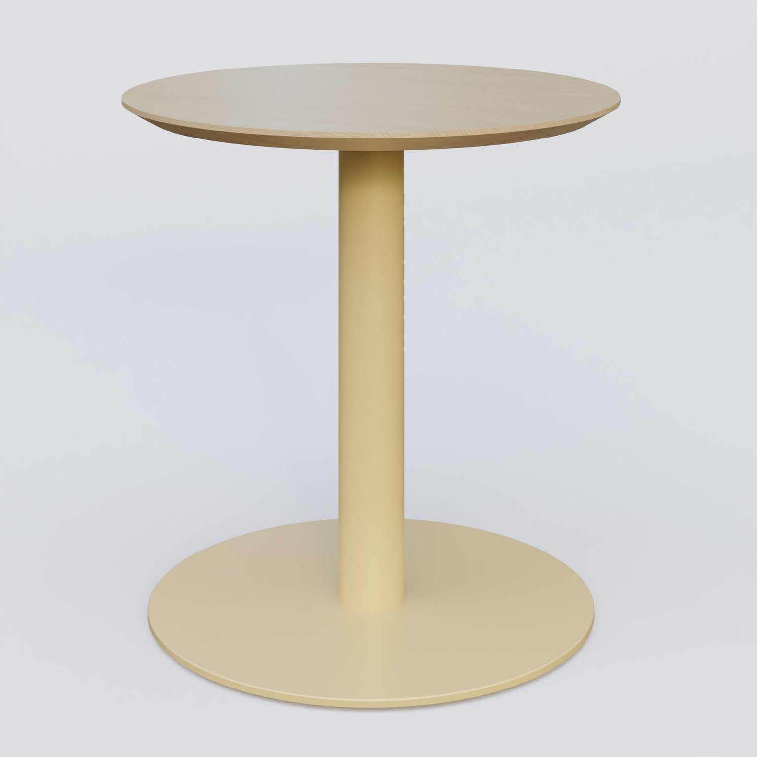 Table Basse Fashion Styl piètement colonne en métal et plateau bois. Plateau Chêne et pietement Jaune Cuivre (RAL 1002).