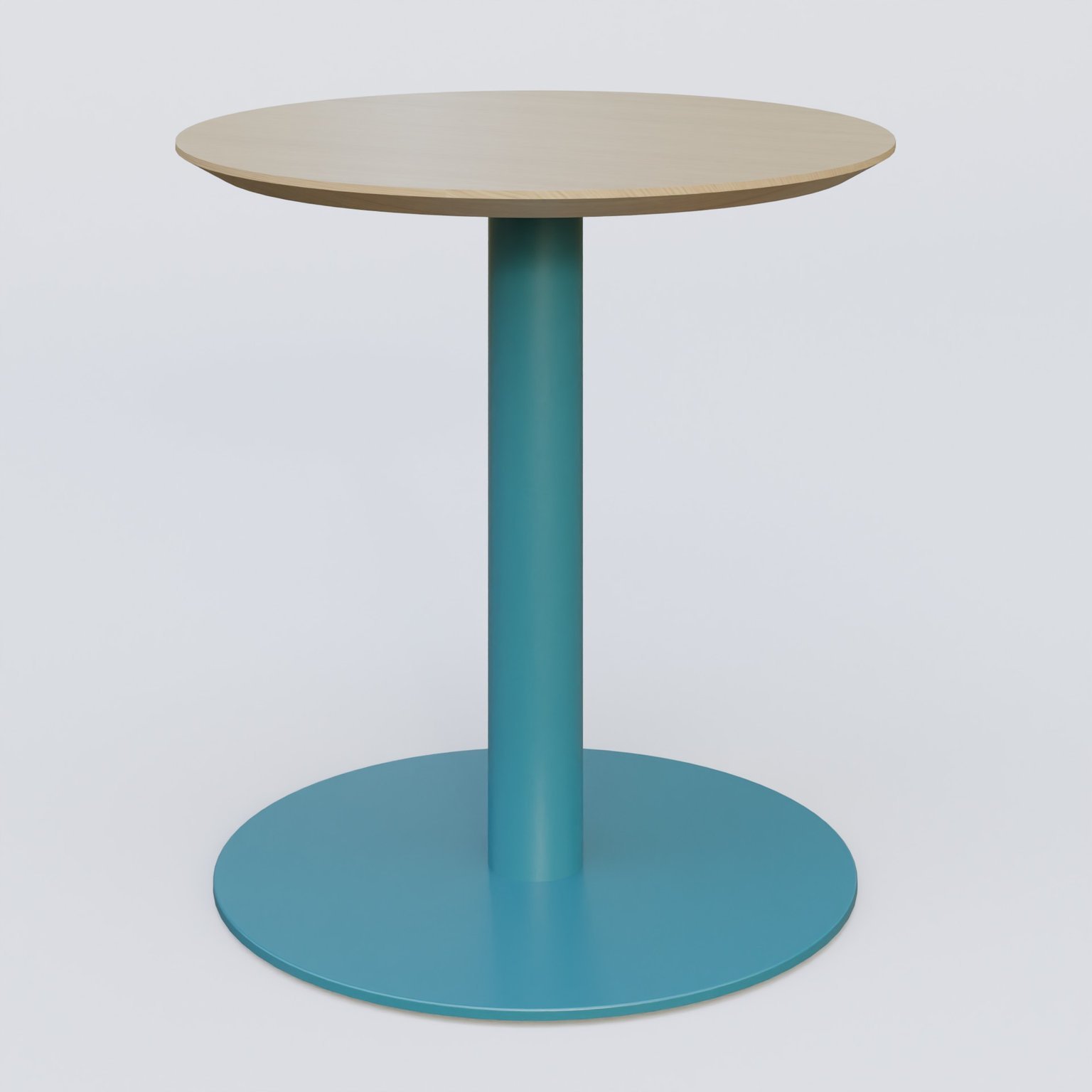 Table Basse Fashion Styl piètement colonne en métal et plateau bois. Plateau Chêne et pietement Bleu Petrole (RAL 5025).