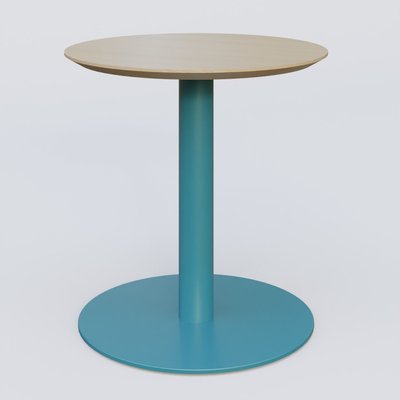 [Pas de famille] - [Pas de sous famille] - Table Basse Fashion Styl piètement colonne en métal et plateau bois. Plateau Chêne et pietement Bleu Petrole (RAL 5025).