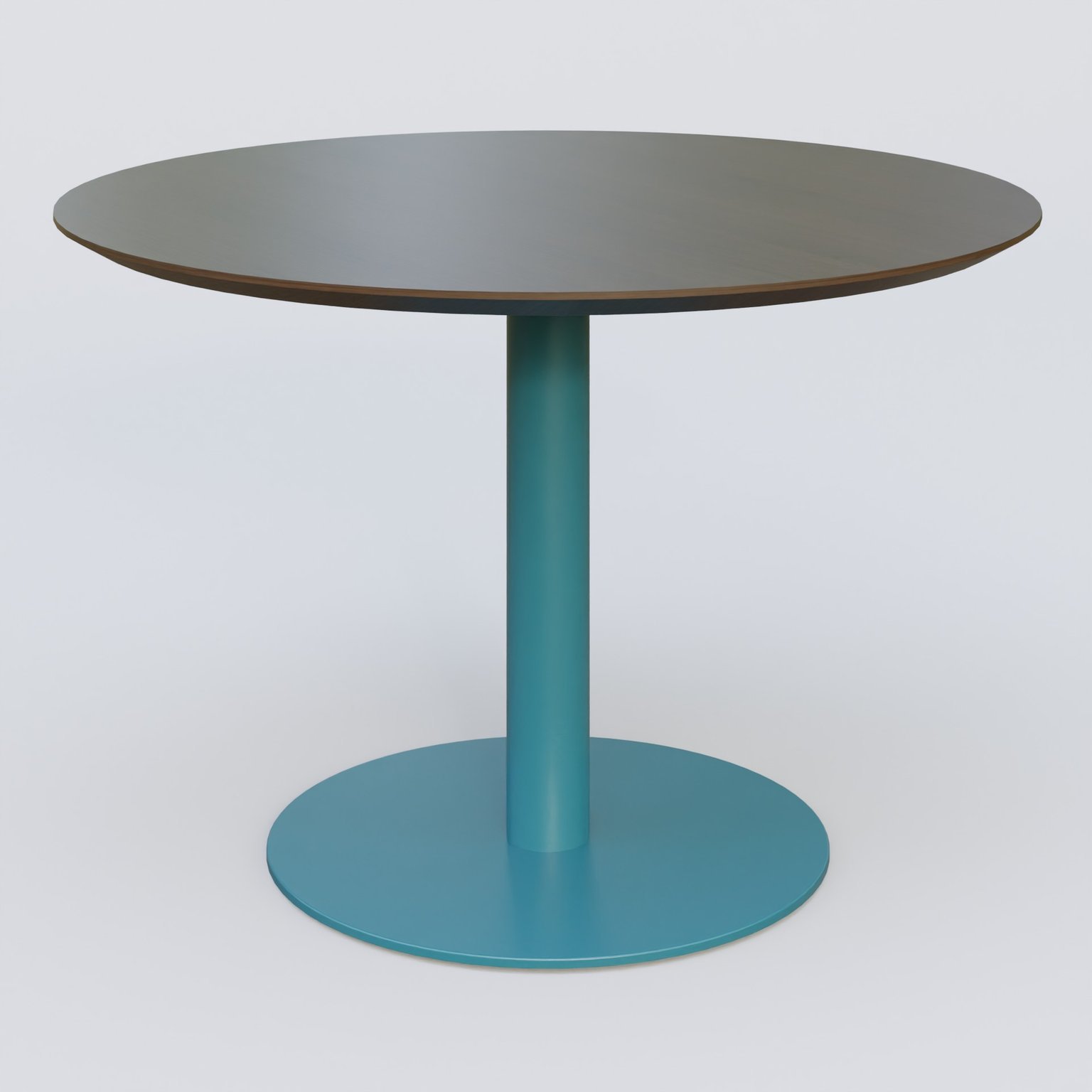 Table Basse Fashion Styl piètement colonne en métal et plateau bois. Plateau Chêne Moka et pietement Bleu Petrole (RAL 5025).