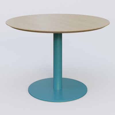 [Pas de famille] - [Pas de sous famille] - Table Basse Fashion Styl piètement colonne en métal et plateau bois. Plateau Chêne et pietement Bleu Petrole (RAL 5025).