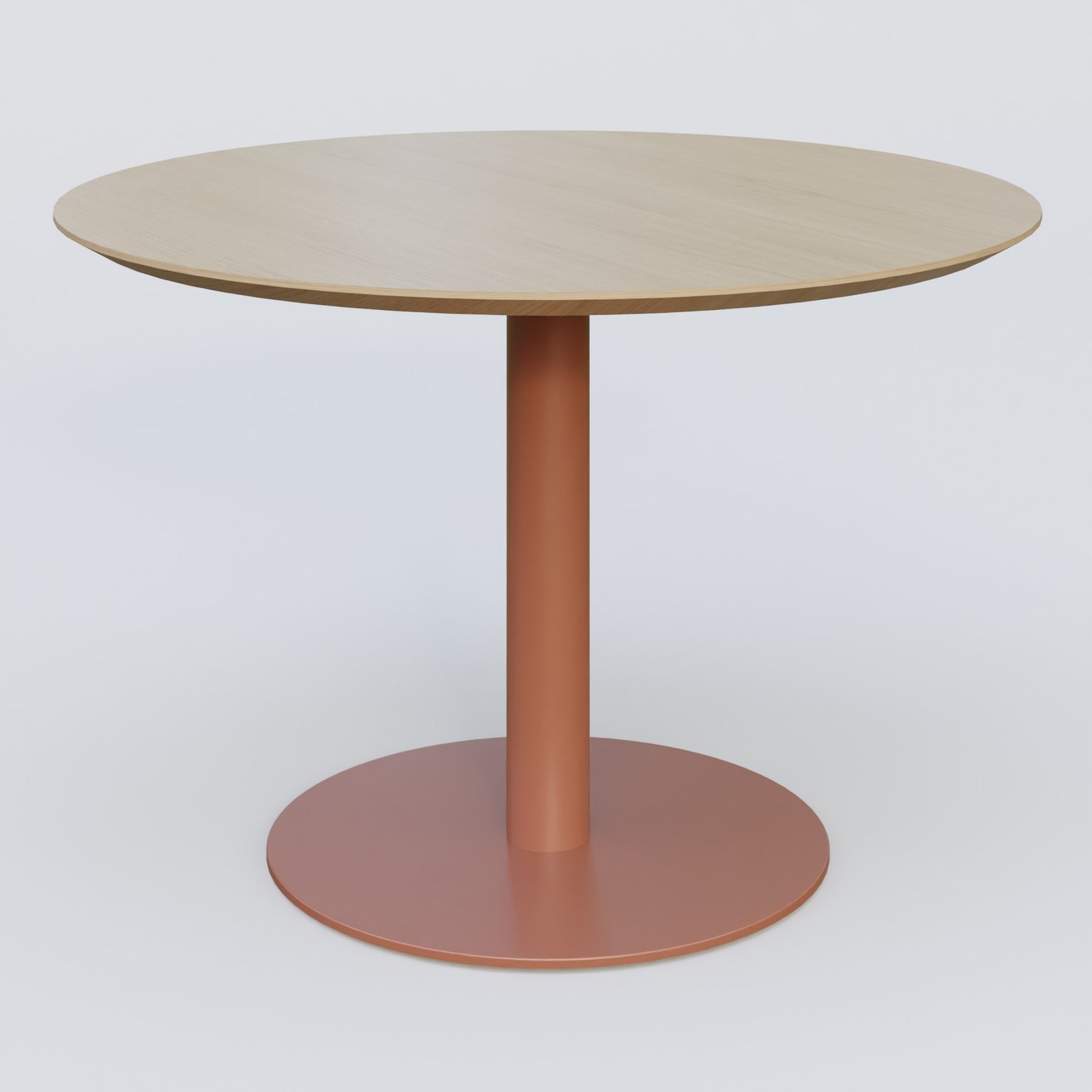 Table Basse Fashion Styl piètement colonne en métal et plateau bois. Plateau Chêne et pietement Brun cuivré (RAL 8004).