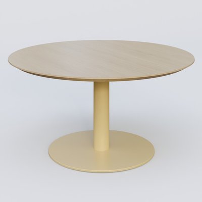 [Pas de famille] - [Pas de sous famille] - Table Basse Fashion Styl piètement colonne en métal et plateau bois. Plateau Chêne et pietement Jaune Cuivre (RAL 1002).