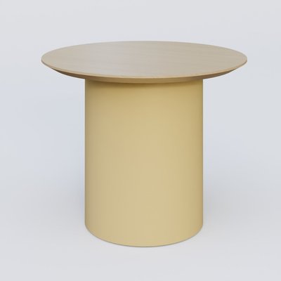 [Pas de famille] - [Pas de sous famille] - Table Basse Fashion Styl piètement colonne en métal D-26cm et plateau bois. Plateau Chêne et pietement Jaune Cuivre (RAL 1002).