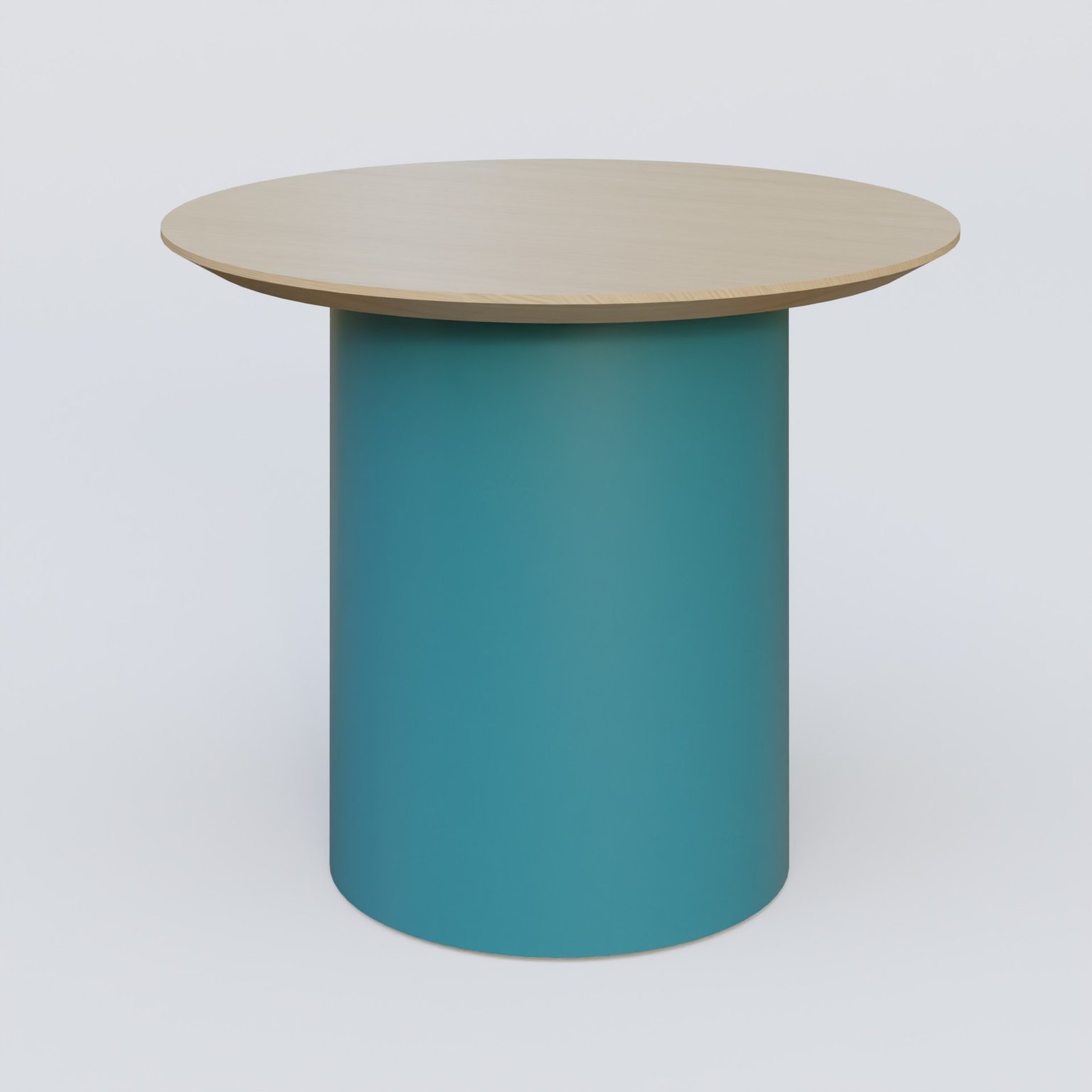 Table Basse Fashion Styl piètement colonne en métal D-26cm et plateau bois. Plateau Chêne et pietement Bleu Petrole (RAL 5025).