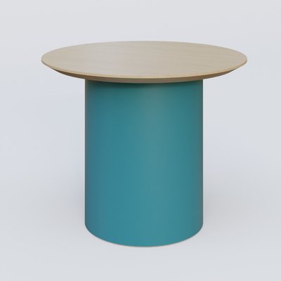 [Pas de famille] - [Pas de sous famille] - Table Basse Fashion Styl piètement colonne en métal D-26cm et plateau bois. Plateau Chêne et pietement Bleu Petrole (RAL 5025).