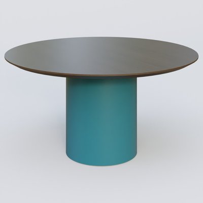 [Pas de famille] - [Pas de sous famille] - Table Basse Fashion Styl piètement colonne en métal D-26cm et plateau bois. Plateau Chêne Moka et pietement Bleu Petrole (RAL 5025).
