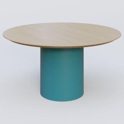 [Pas de famille] - [Pas de sous famille] - Table Basse Fashion Styl piètement colonne en métal D-26cm et plateau bois. Plateau Chêne et pietement Bleu Petrole (RAL 5025).