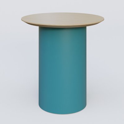 [Pas de famille] - [Pas de sous famille] - Table Basse Fashion Styl piètement colonne en métal D-26cm et plateau bois. Plateau Chêne et pietement Bleu Petrole (RAL 5025).