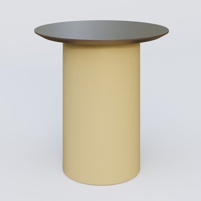 [Pas de famille] - [Pas de sous famille] - Table Basse Fashion Styl piètement colonne en métal D-26cm et plateau bois. Plateau Chêne Moka et pietement Jaune Cuivre (RAL 1002).