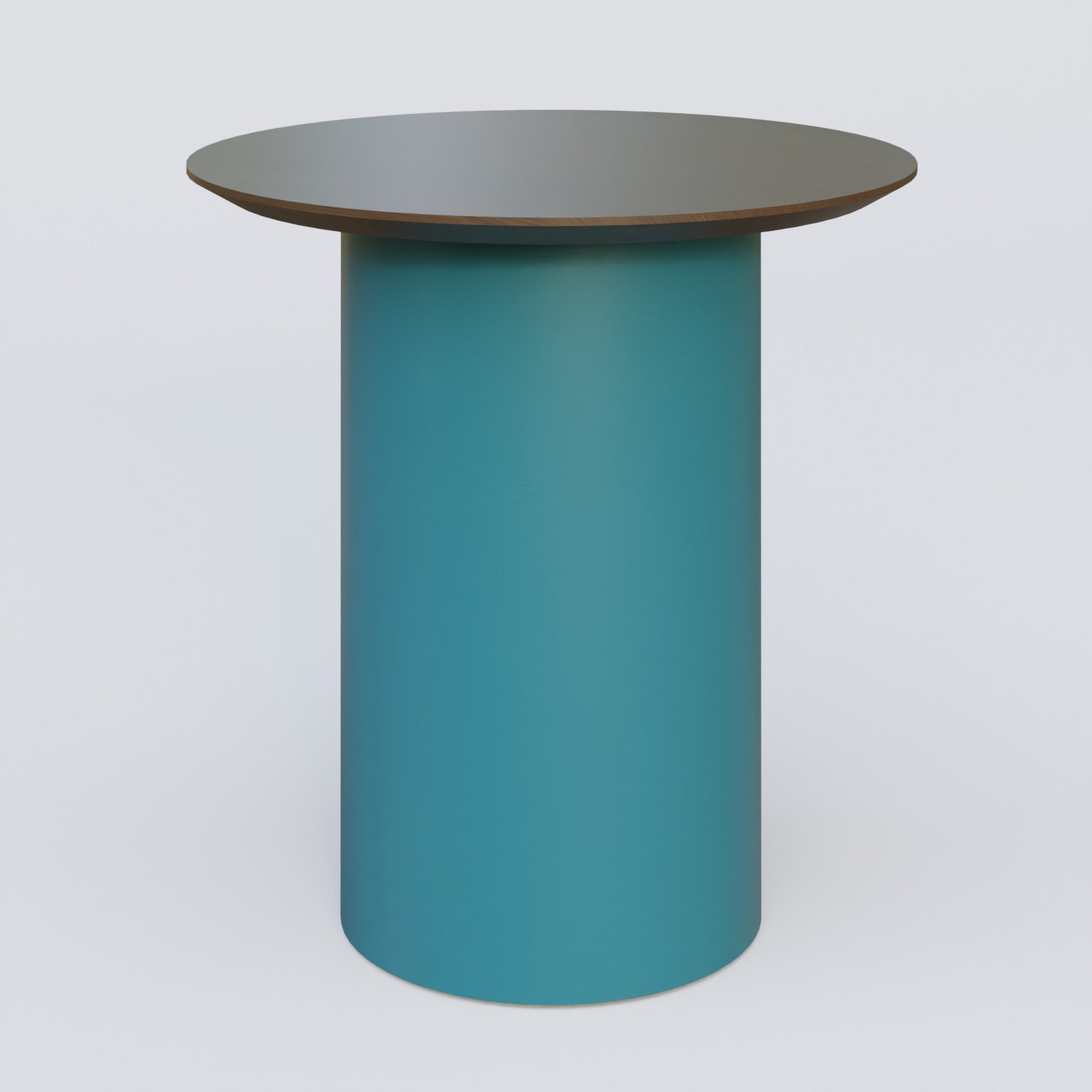 Table Basse Fashion Styl piètement colonne en métal D-26cm et plateau bois. Plateau Chêne Moka et pietement Bleu Petrole (RAL 5025).