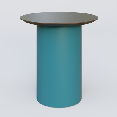 [Pas de famille] - [Pas de sous famille] - Table Basse Fashion Styl piètement colonne en métal D-26cm et plateau bois. Plateau Chêne Moka et pietement Bleu Petrole (RAL 5025).