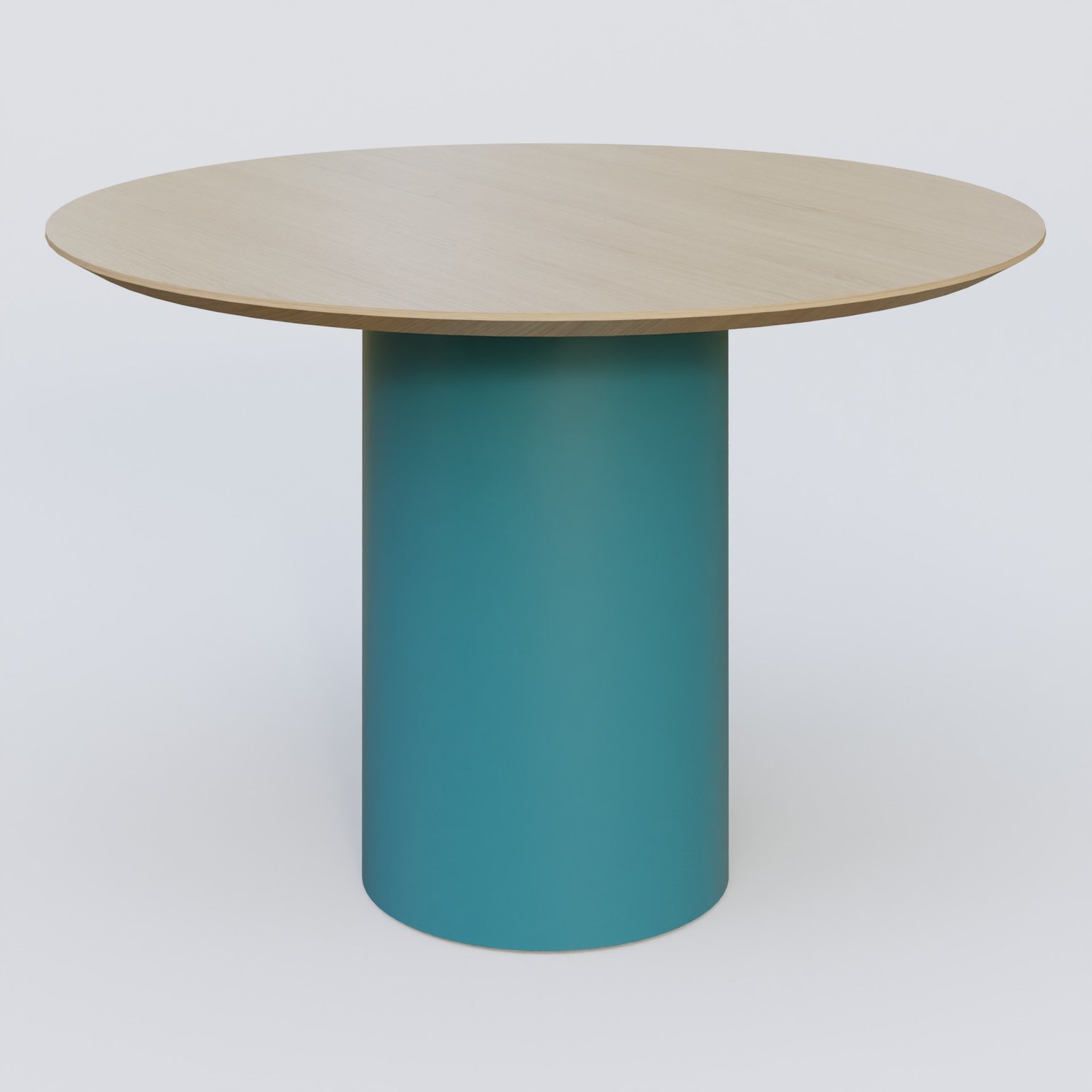 Table Basse Fashion Styl piètement colonne en métal D-26cm et plateau bois. Plateau Chêne et pietement Bleu Petrole (RAL 5025).