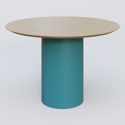 [Pas de famille] - [Pas de sous famille] - Table Basse Fashion Styl piètement colonne en métal D-26cm et plateau bois. Plateau Chêne et pietement Bleu Petrole (RAL 5025).