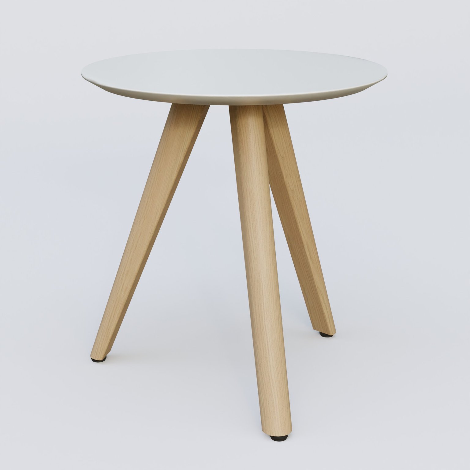 Table Basse Fashion Styl piètement 3 pieds en bois et plateau bois. Plateau Blanc (RAL 9010) et pietement Chêne.
