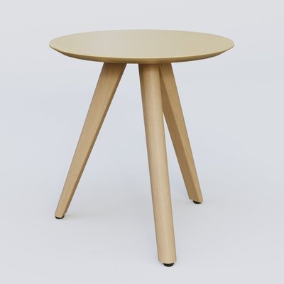 [Pas de famille] - [Pas de sous famille] - Table Basse Fashion Styl piètement 3 pieds en bois et plateau bois. Plateau Jaune Cuivre (RAL 1002) et pietement Chêne.