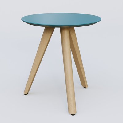 [Pas de famille] - [Pas de sous famille] - Table Basse Fashion Styl piètement 3 pieds en bois et plateau bois. Plateau Bleu Petrole (RAL 5025) et pietement Chêne.