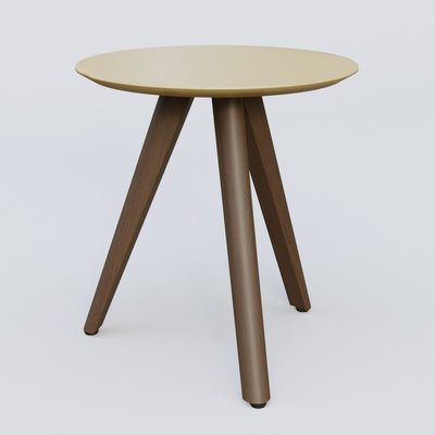 [Pas de famille] - [Pas de sous famille] - Table Basse Fashion Styl piètement 3 pieds en bois et plateau bois. Plateau Jaune Cuivre (RAL 1002) et pietement Chêne Moka.