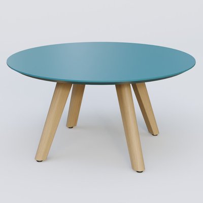 [Pas de famille] - [Pas de sous famille] - Table Basse Fashion Styl piètement 3 pieds en bois et plateau bois. Plateau Bleu Petrole (RAL 5025) et pietement Chêne.