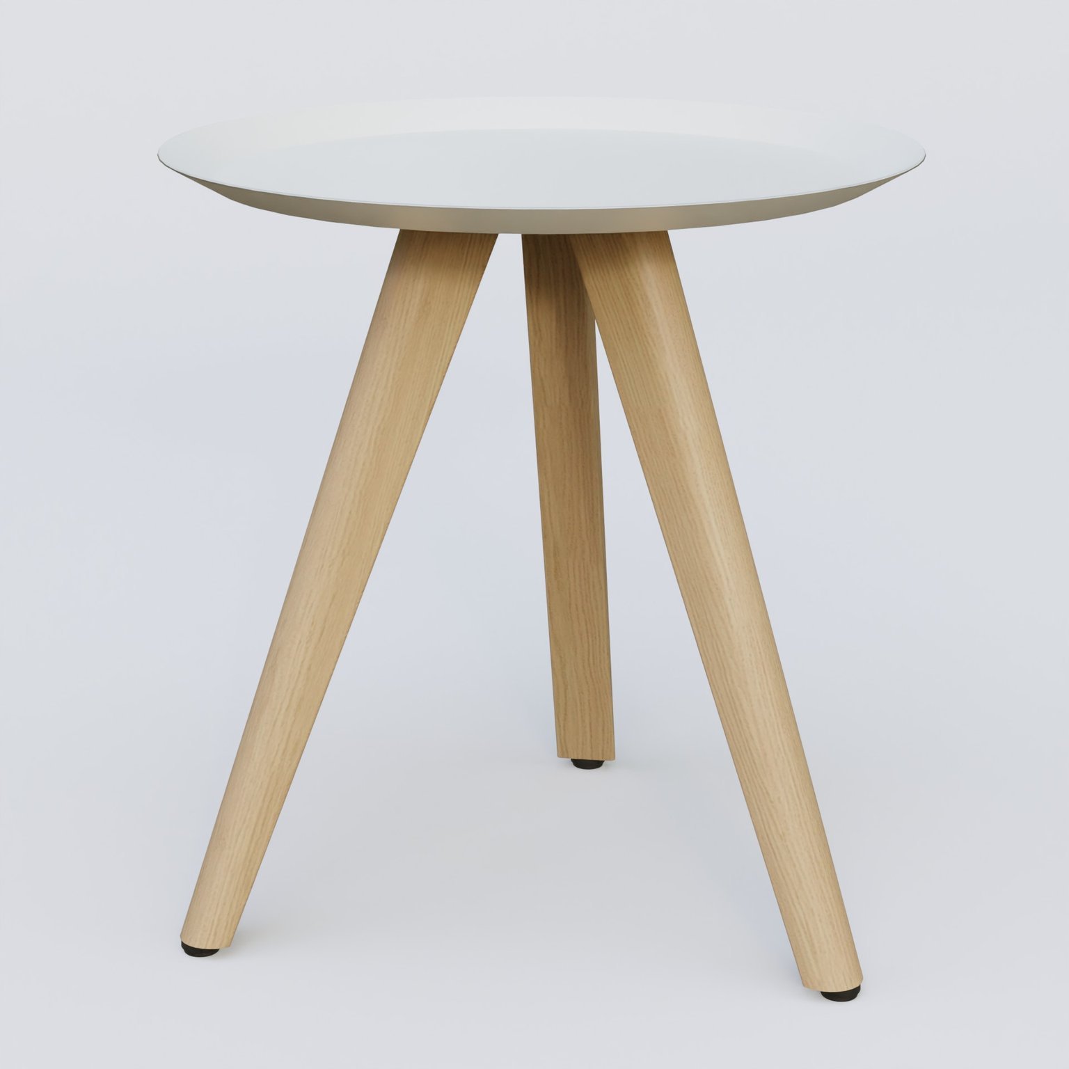 Table Basse Fashion Styl piètement 3 pieds bois et plateau métal. Plateau Blanc (RAL 9010) et pietement Chêne.