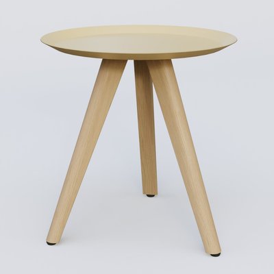 [Pas de famille] - [Pas de sous famille] - Table Basse Fashion Styl piètement 3 pieds bois et plateau métal. Plateau Jaune Cuivre (RAL 1002) et pietement Chêne.
