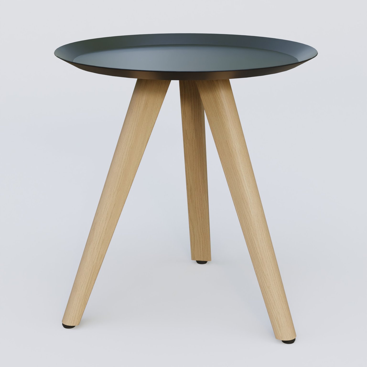 Table Basse Fashion Styl piètement 3 pieds bois et plateau métal. Plateau Noir (RAL 9005) et pietement Chêne.